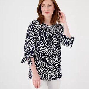 Susan Graver Ptd Liquid Knit Smock-Neck 3/4-Slv Top Tie Detl-Navy-XXS-A593343